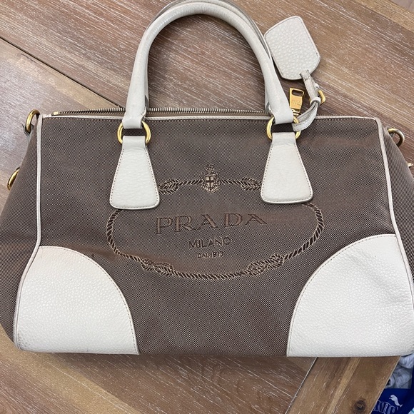 Prada Tan and Cream Satchel designer white tan brown canvas leather purse - Picture 1 of 11